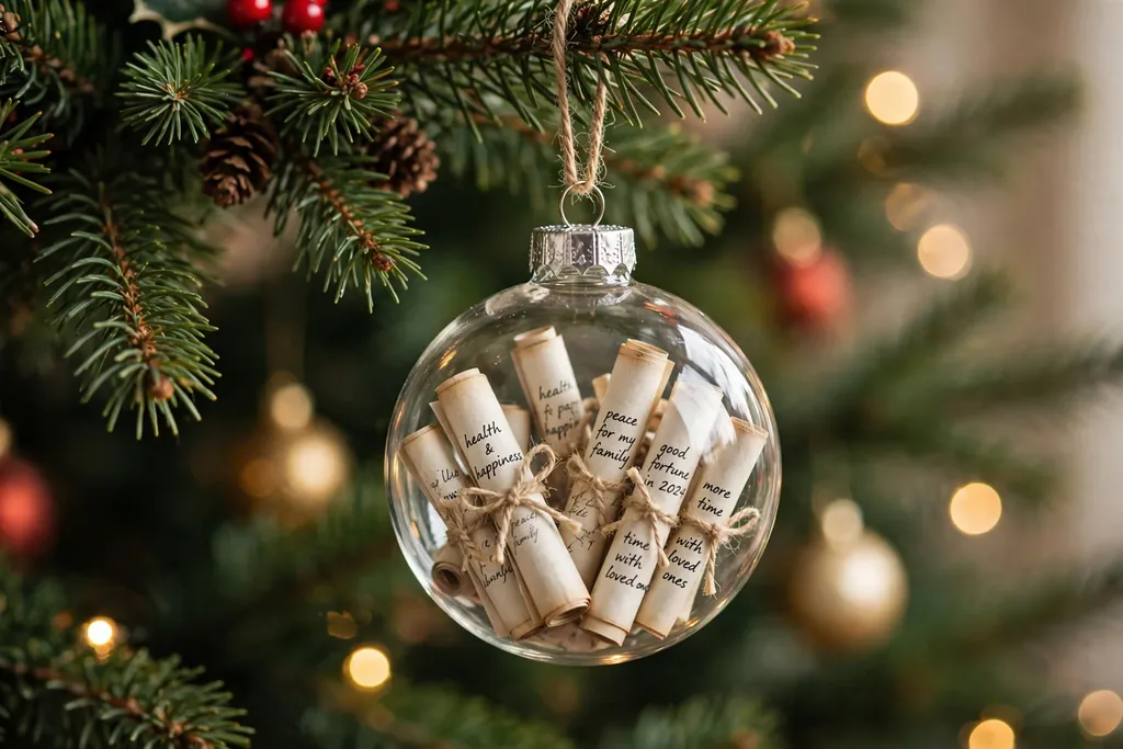 Clear ornament filled with rolled paper wishes tied with thread on a tree branch.