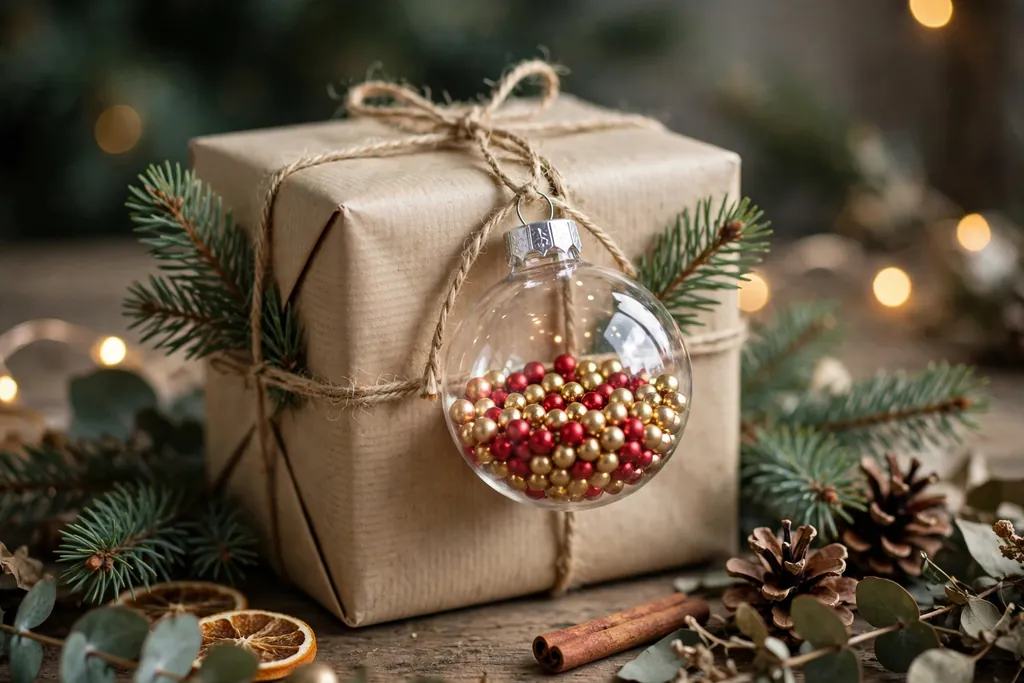 Clear ornament tied to a wrapped Christmas gift as a gift tag filled with red and gold beads.
