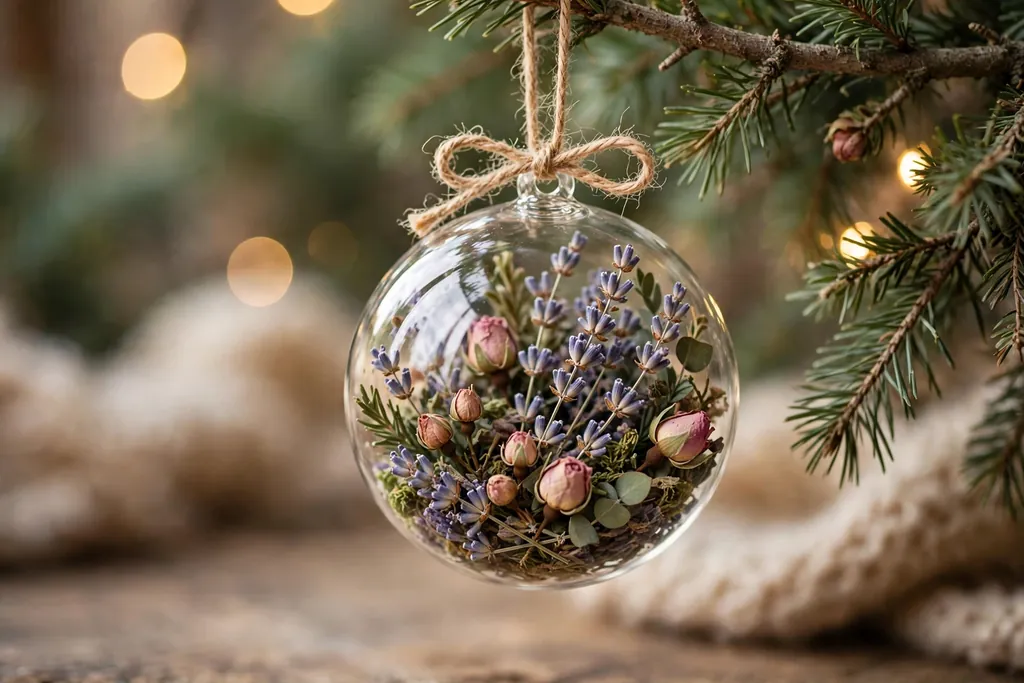 Clear ornament filled with dried lavender, rosebuds, and greenery on a tree branch.