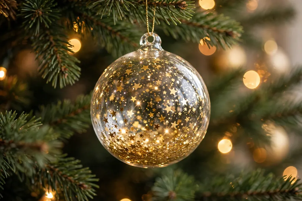 Clear ornament filled with gold glitter and star confetti sparkling on a tree.