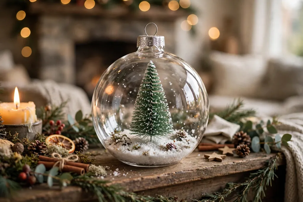 Clear ornament with a tiny bottle brush tree and fake snow scene inside on a mantel.
