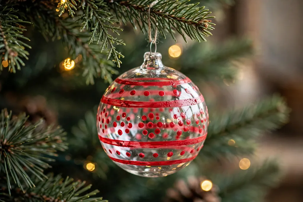 Clear ornament hand painted with red dots and stripes hanging on a Christmas tree.