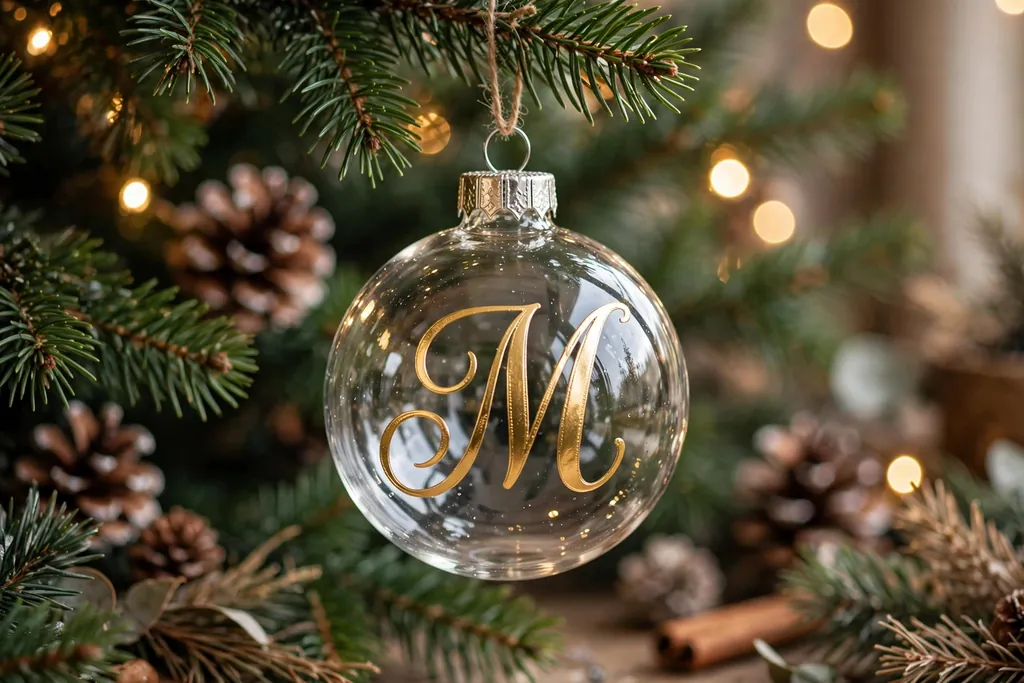 Clear ornament with a large gold monogram letter on the front hanging on a tree.