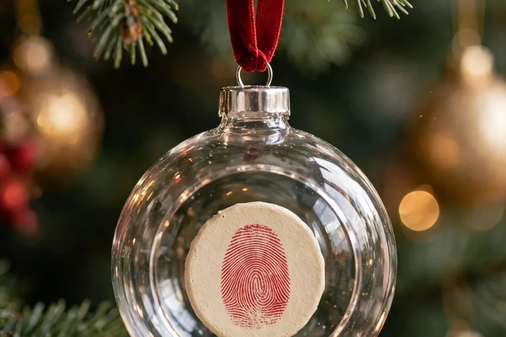 Clear ornament with a small red fingerprint and a name and year beside it on a tree.