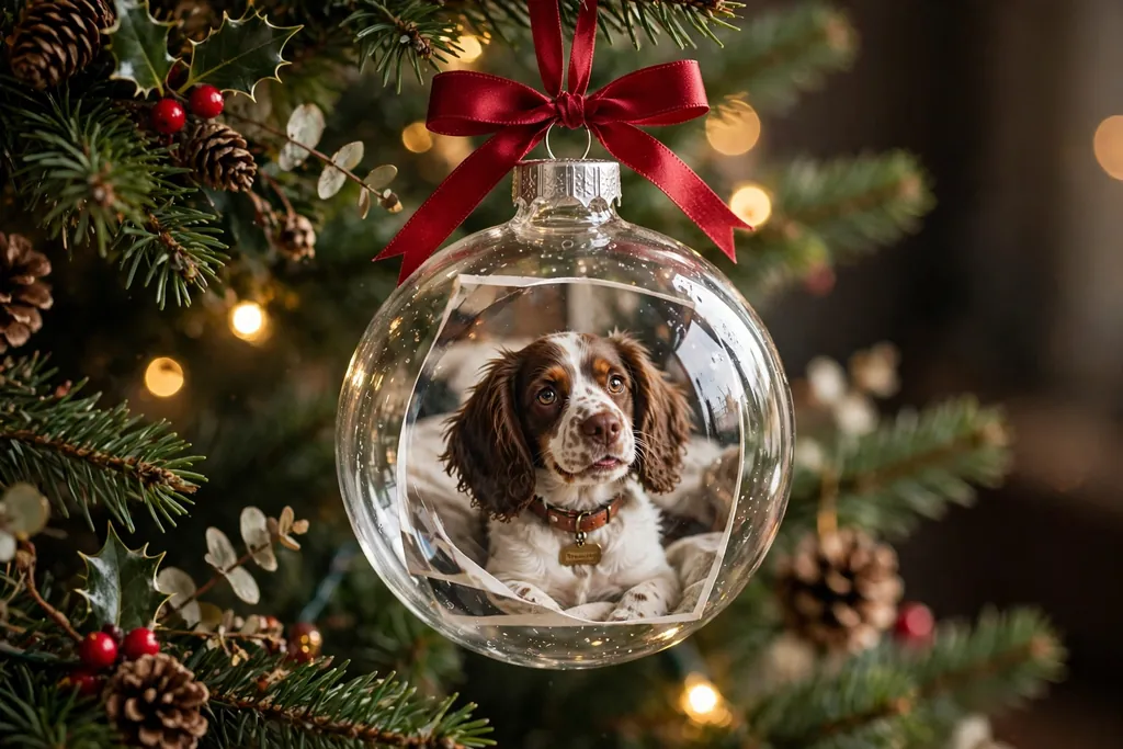 Clear ornament with a pet photo inside and a paw print design hanging on a tree.