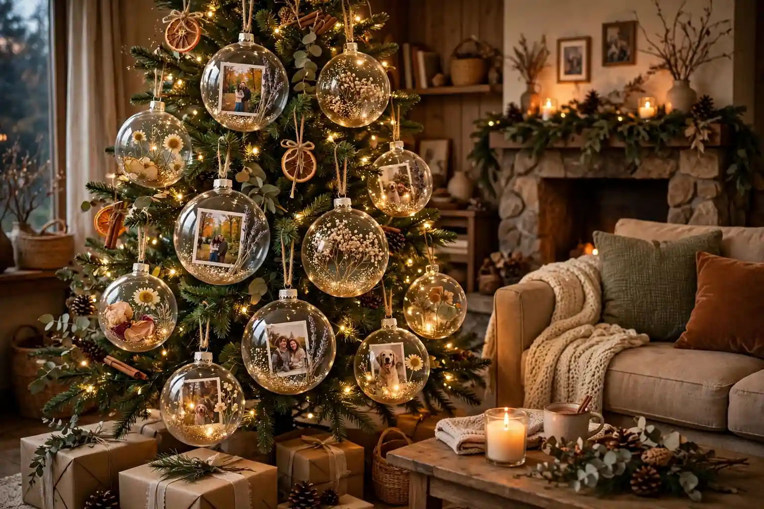 Christmas tree decorated with clear personalized ornaments filled with photos, dried flowers, glitter, and lights in a cozy living room.