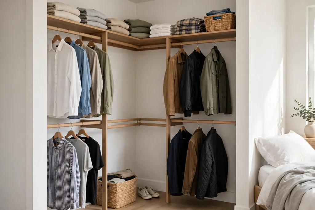 Small bedroom corner closet with L-shaped double hanging rails holding shirts and jackets.