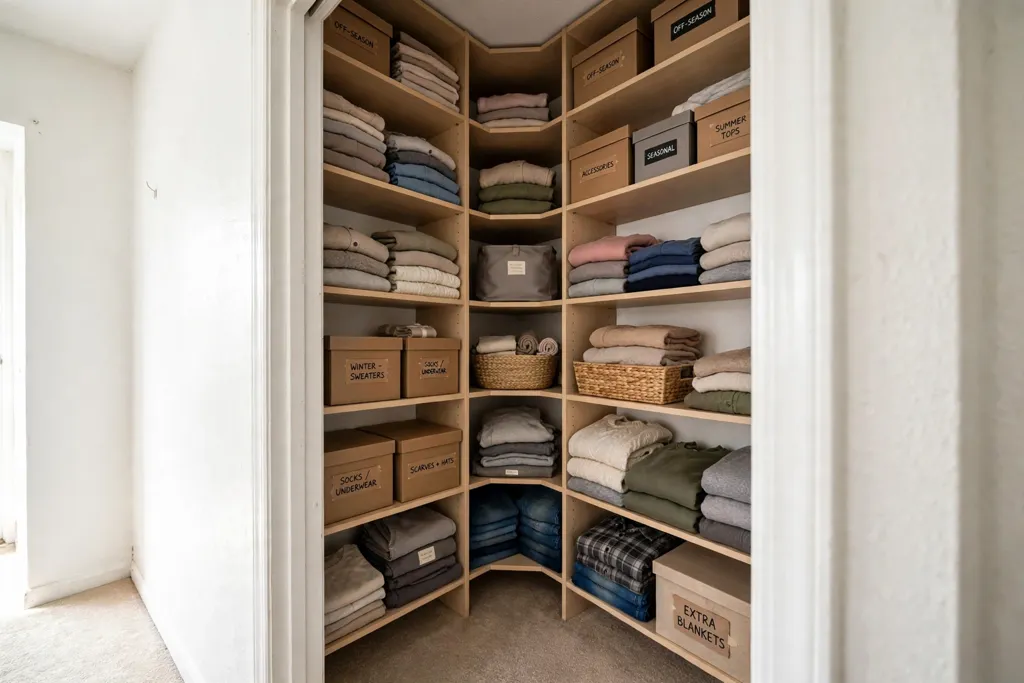 Corner shelf tower in a small bedroom closet holding folded clothes and boxes.