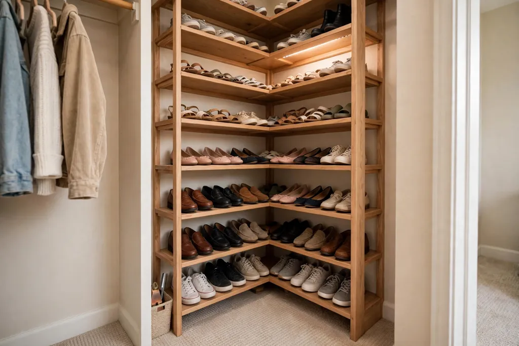 Tiered corner shoe shelves in a small bedroom closet holding rows of shoes.