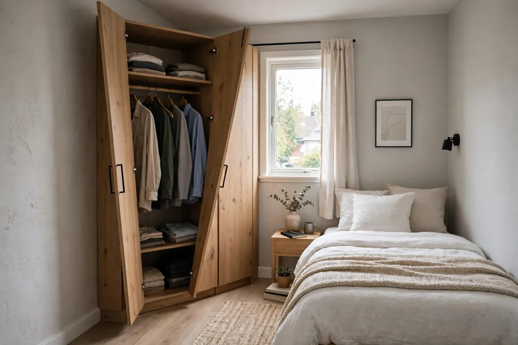 Angled corner wardrobe with diagonal doors in a small bedroom.
