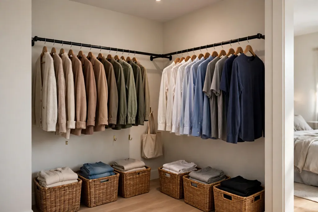 Open corner clothing rails on both walls of a small bedroom closet corner.