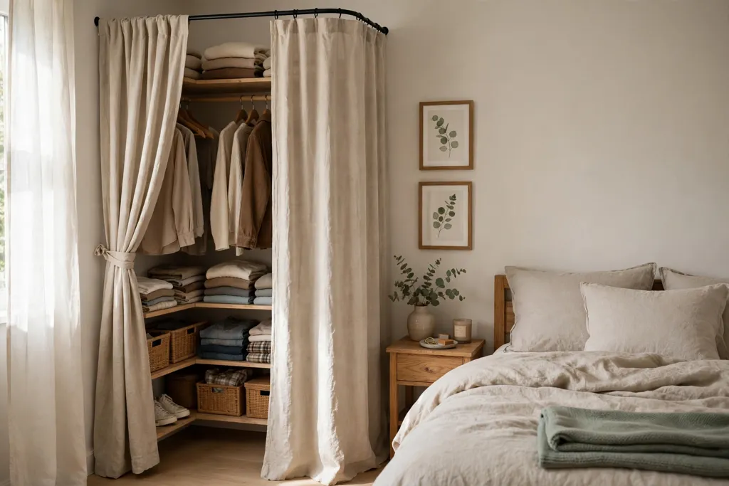 Small bedroom corner closet fronted by a soft linen curtain.