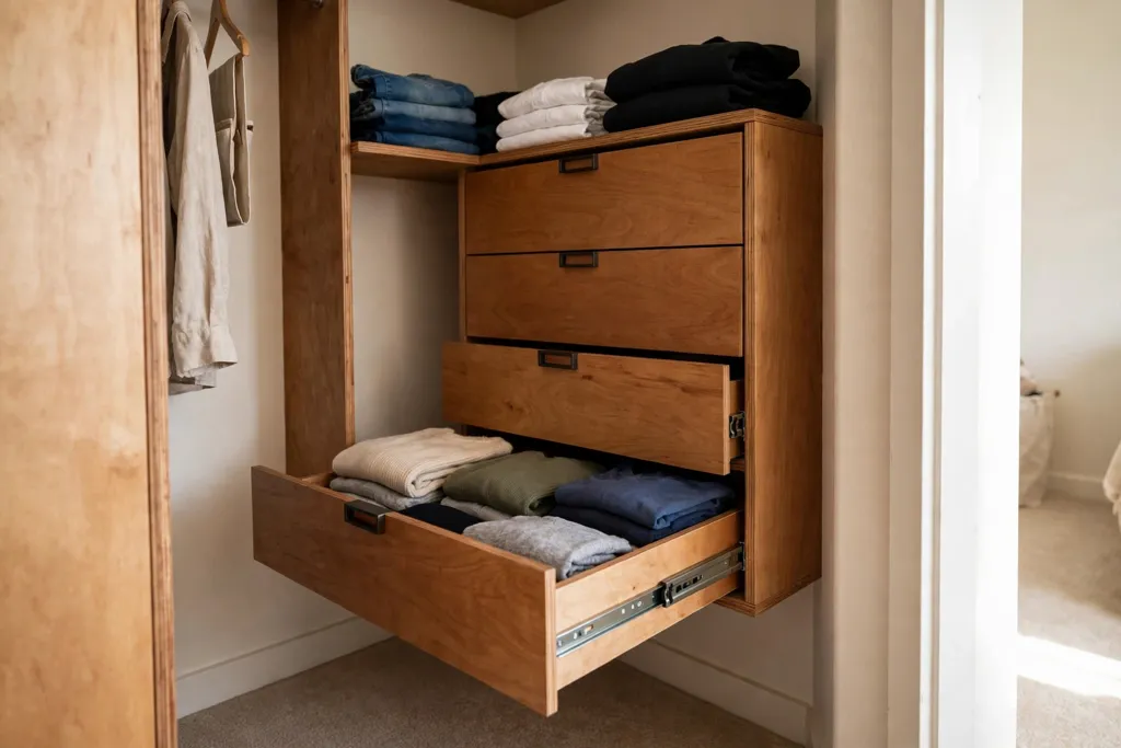 Deep corner pull-out drawers in a small bedroom closet holding folded clothes.