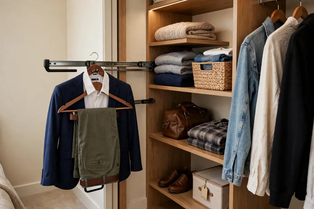 Pull-out valet rail near the front of a small bedroom closet corner holding one outfit.