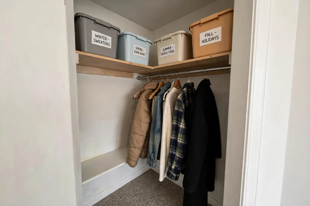 High corner shelf in a small bedroom closet holding labelled seasonal bins.