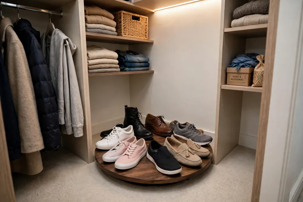 Rotating shoe turntable in the deep corner of a small bedroom closet.