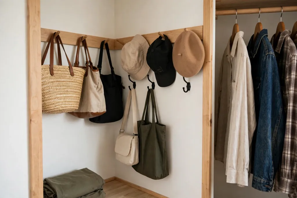 Return wall of a small bedroom closet corner with hooks and a peg rail holding bags and hats.