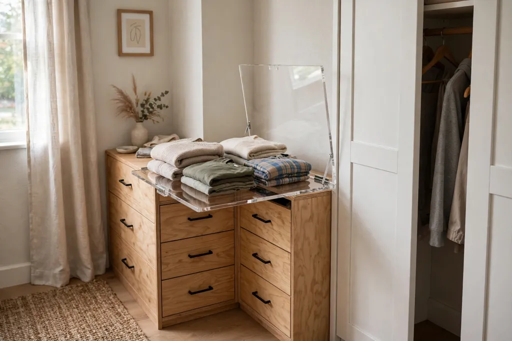 Corner drawer unit with a clear folding counter top in a small bedroom.