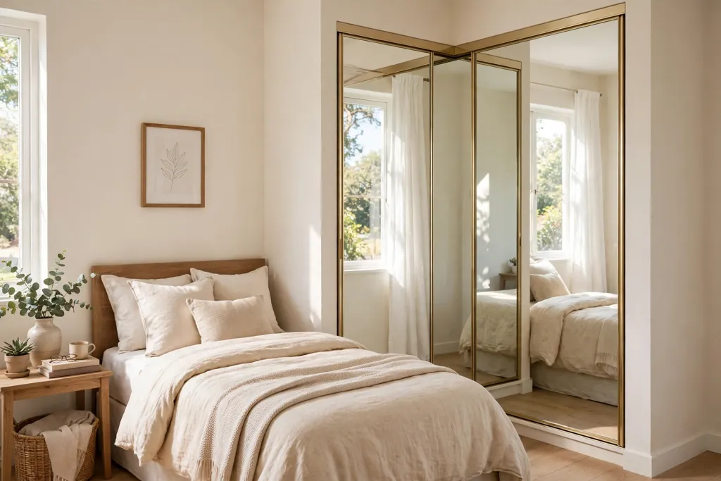 Small bedroom corner closet with mirrored doors reflecting daylight.