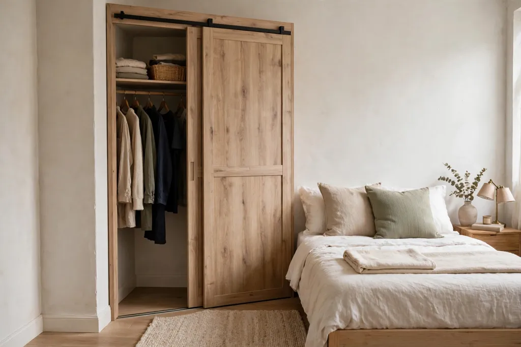 Small bedroom corner closet with sliding doors beside a bed.