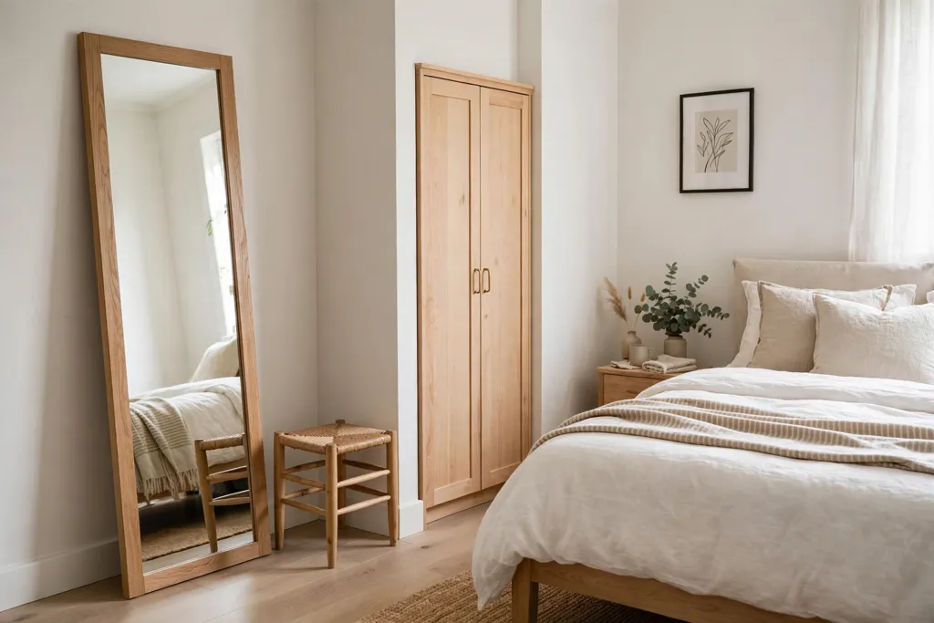 Corner dressing mirror with a small stool beside a small bedroom closet.