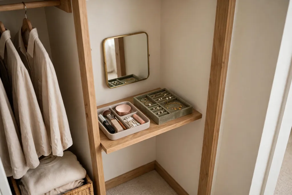 Narrow vanity shelf and small mirror inside a small bedroom closet corner.