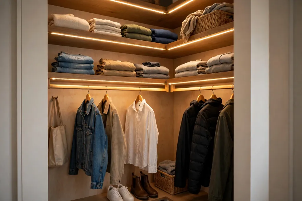 Small bedroom closet corner lit by warm LED strips along shelves and rails.