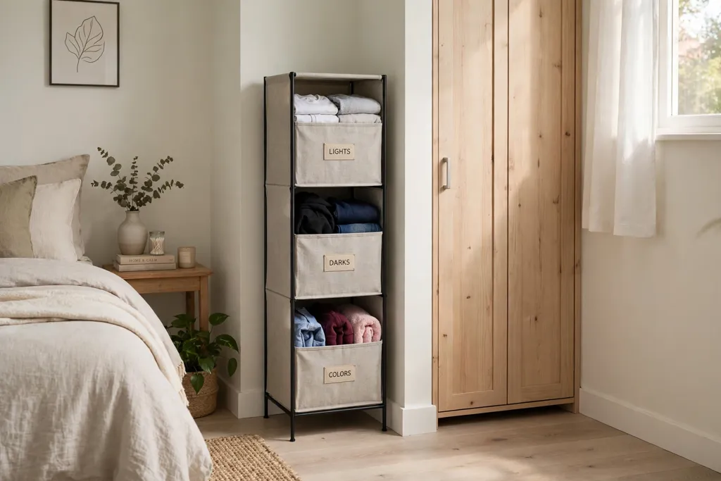 Slim laundry sorter in a corner beside a small bedroom closet.