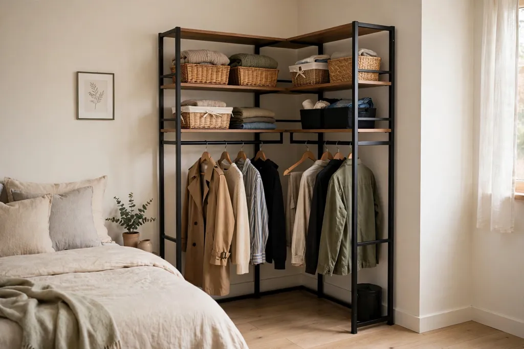 Freestanding corner rack system with rails and shelves in a small bedroom.