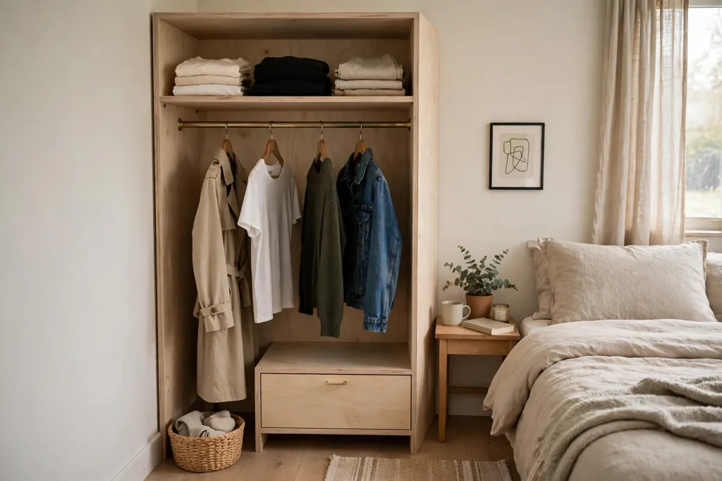 Small corner capsule wardrobe zone with one rail, one shelf, and one drawer.