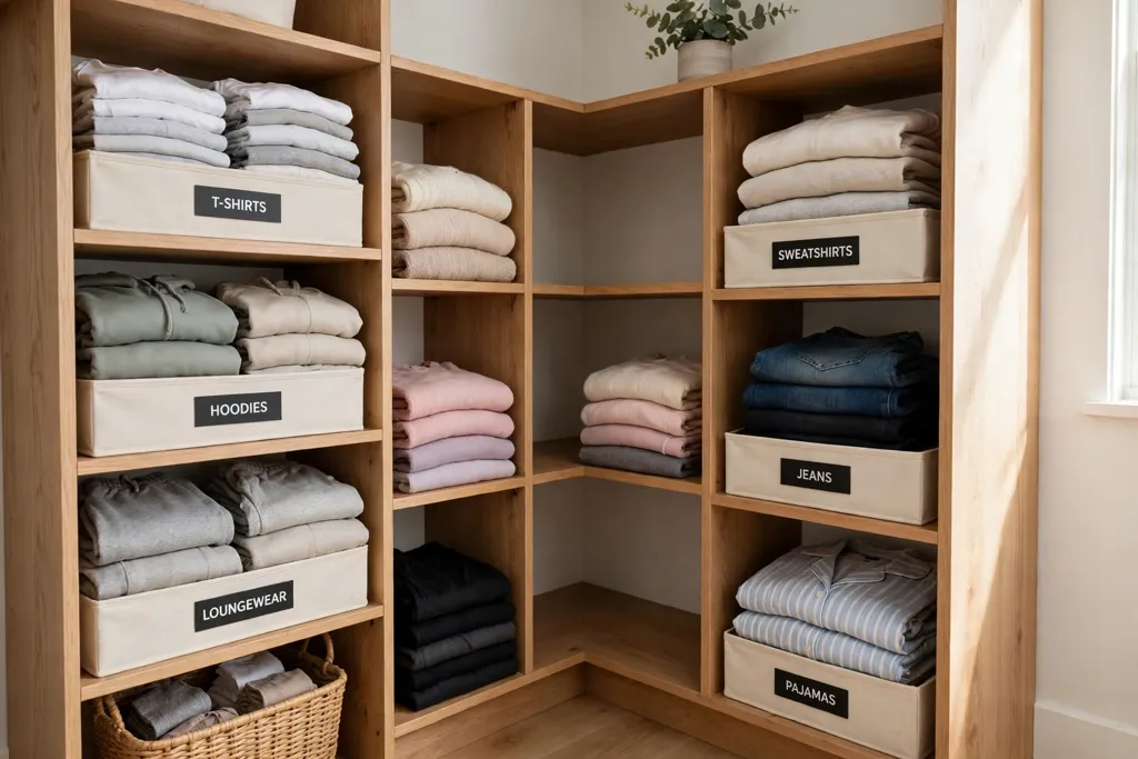 Corner closet shelves with dividers and labelled bins holding folded clothes.