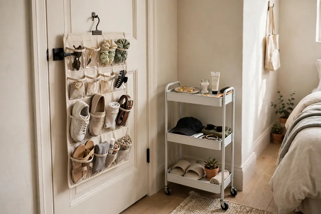 Closet door with a pocket organizer beside a slim rolling cart in a small bedroom corner.
