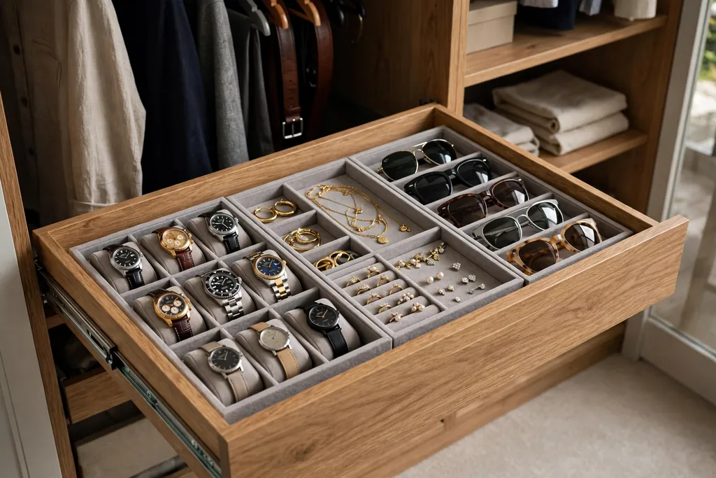 Pull-out closet drawer open to show trays for watches, jewelry, and sunglasses.