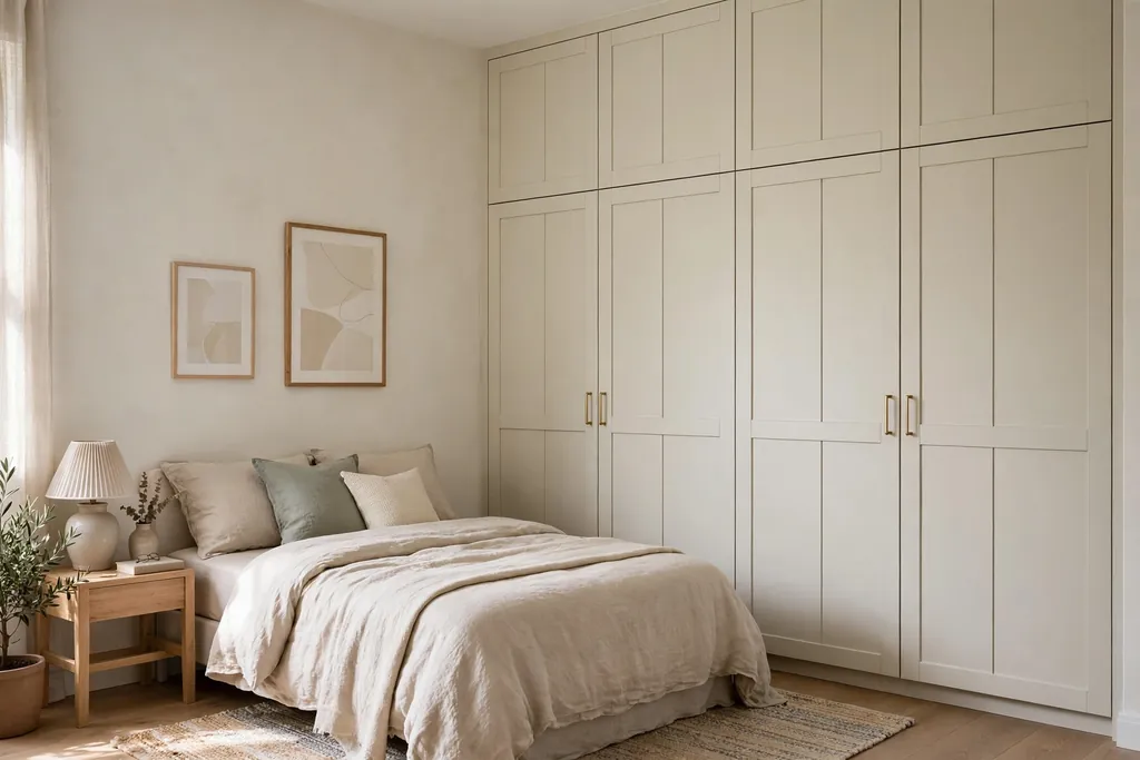 Floor-to-ceiling built-in closet wall with closed pale doors beside a bed in a calm bedroom.