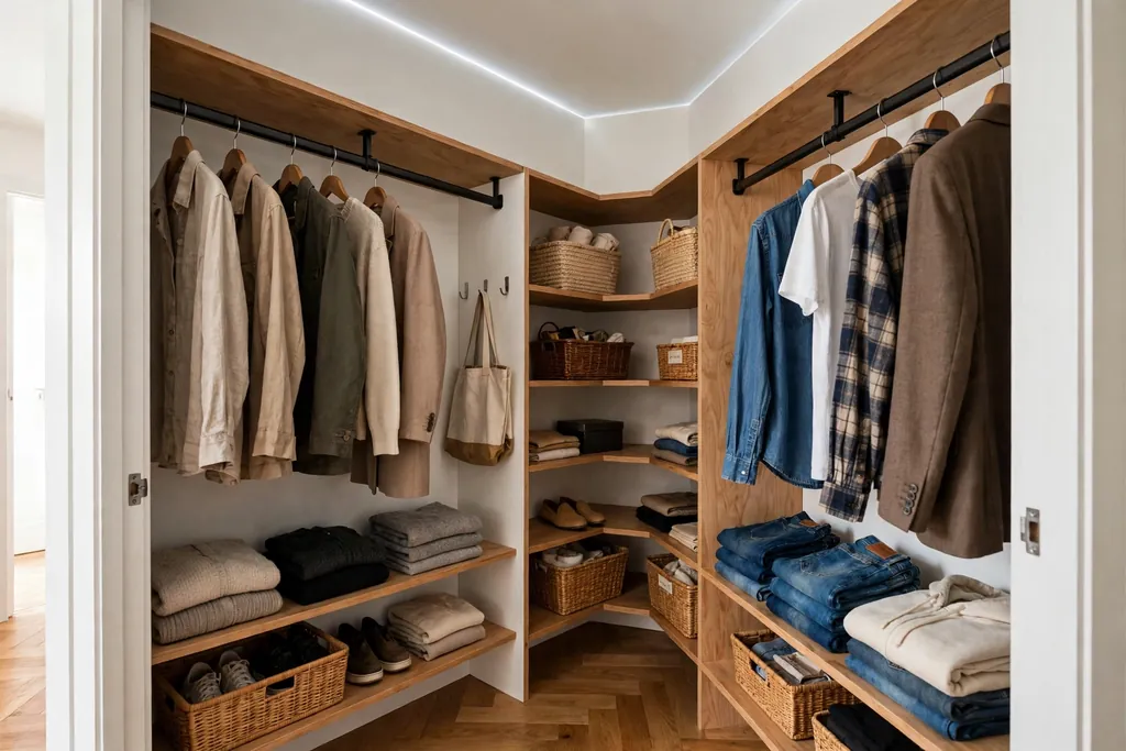 L-shaped corner closet with hanging rails on two walls and shelves in the corner.