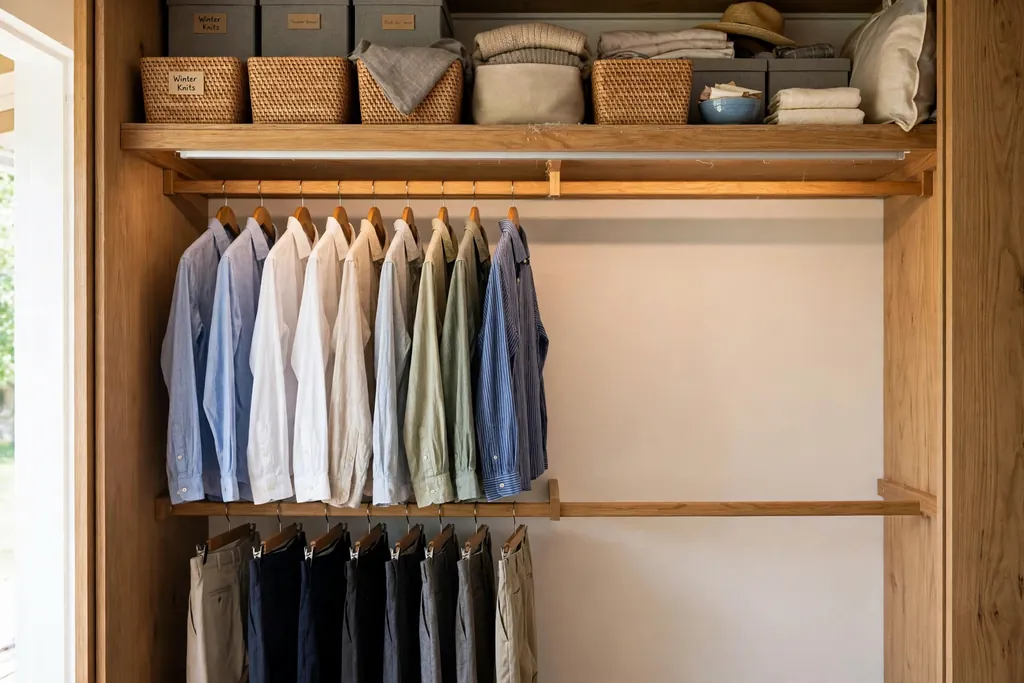 Bedroom closet with double hanging rails holding shirts on top and trousers below, with a shelf above.