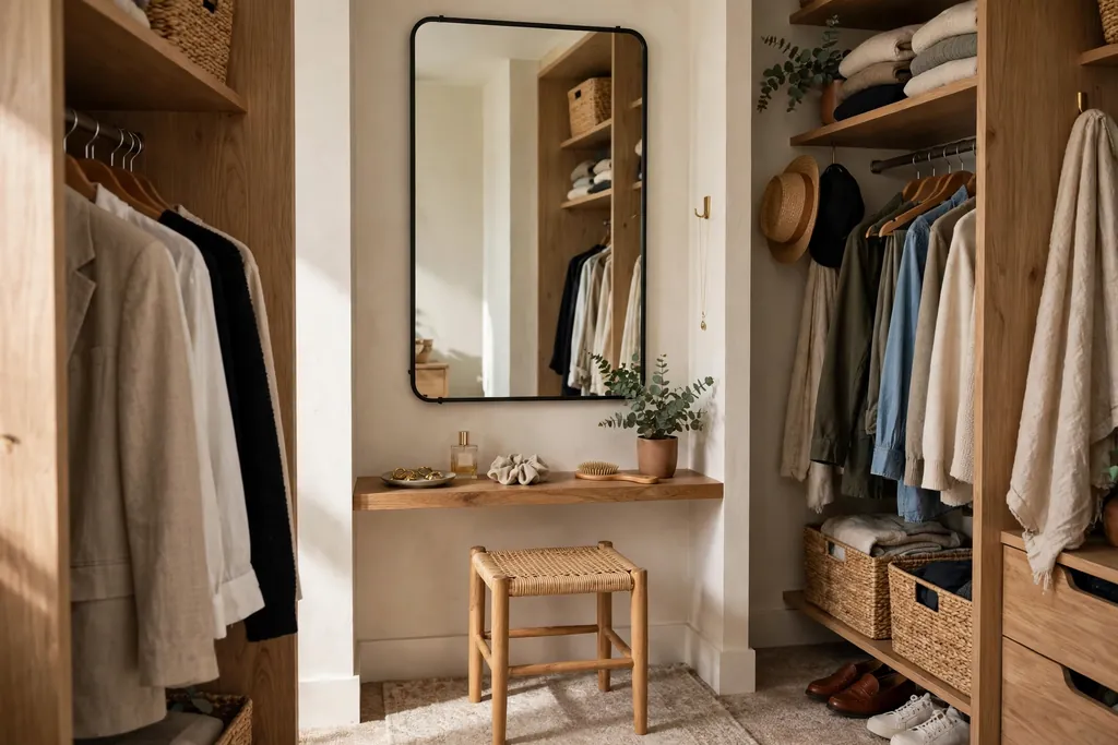 Walk-in closet dressing nook with a mirror, a small stool, and a shallow shelf.