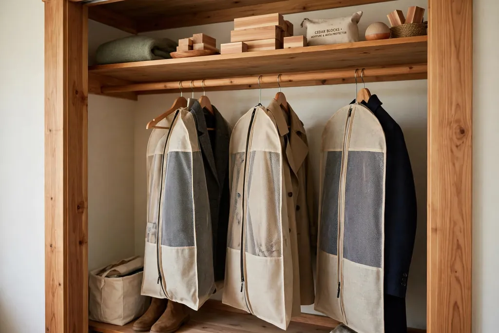 Closet with breathable garment bags for coats and cedar blocks on a shelf.