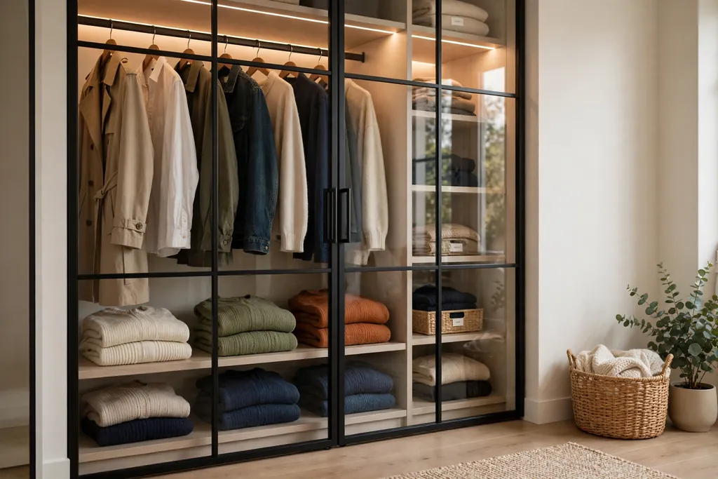 Glass-front closet doors with soft interior lighting showing neatly hung clothes and folded knitwear.