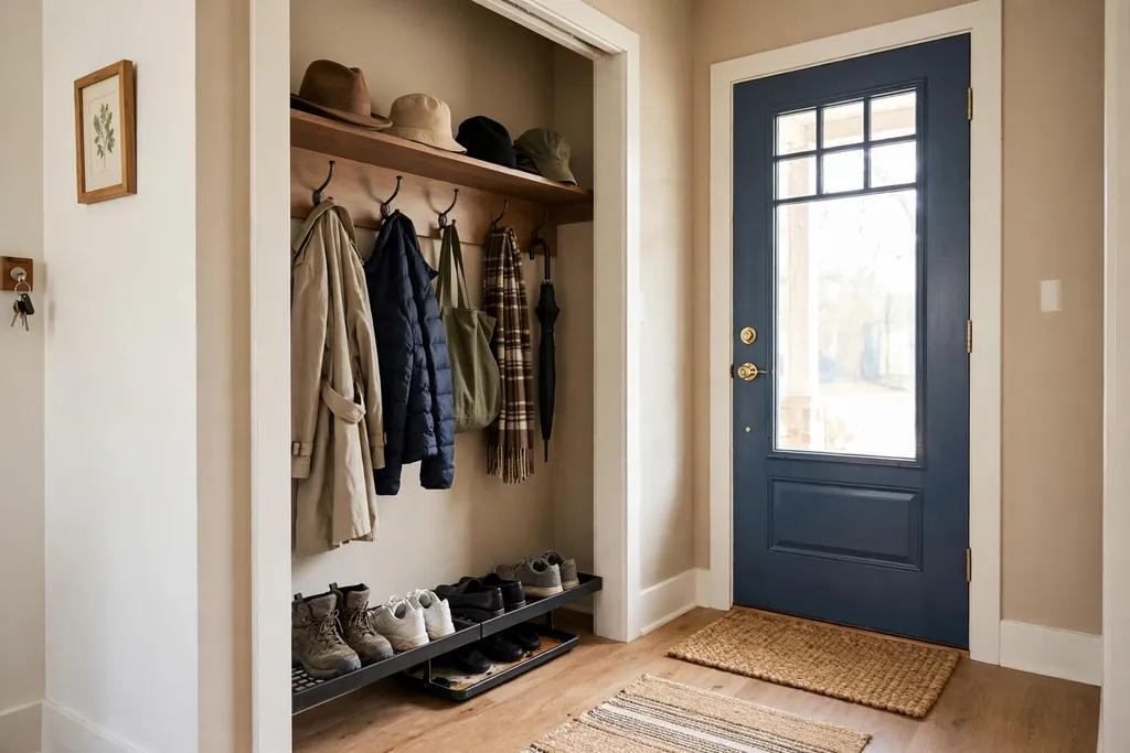 Hall closet near a front door with coat hooks, a shelf for hats, and a shoe tray below.