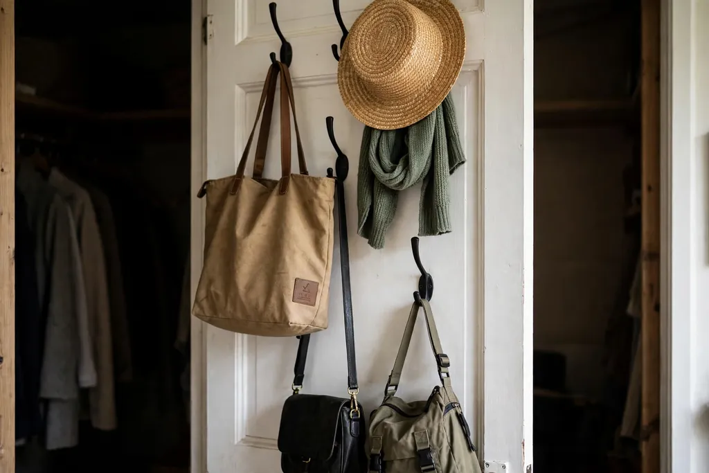 Inside of a closet door with hooks holding bags, a hat, and a scarf.
