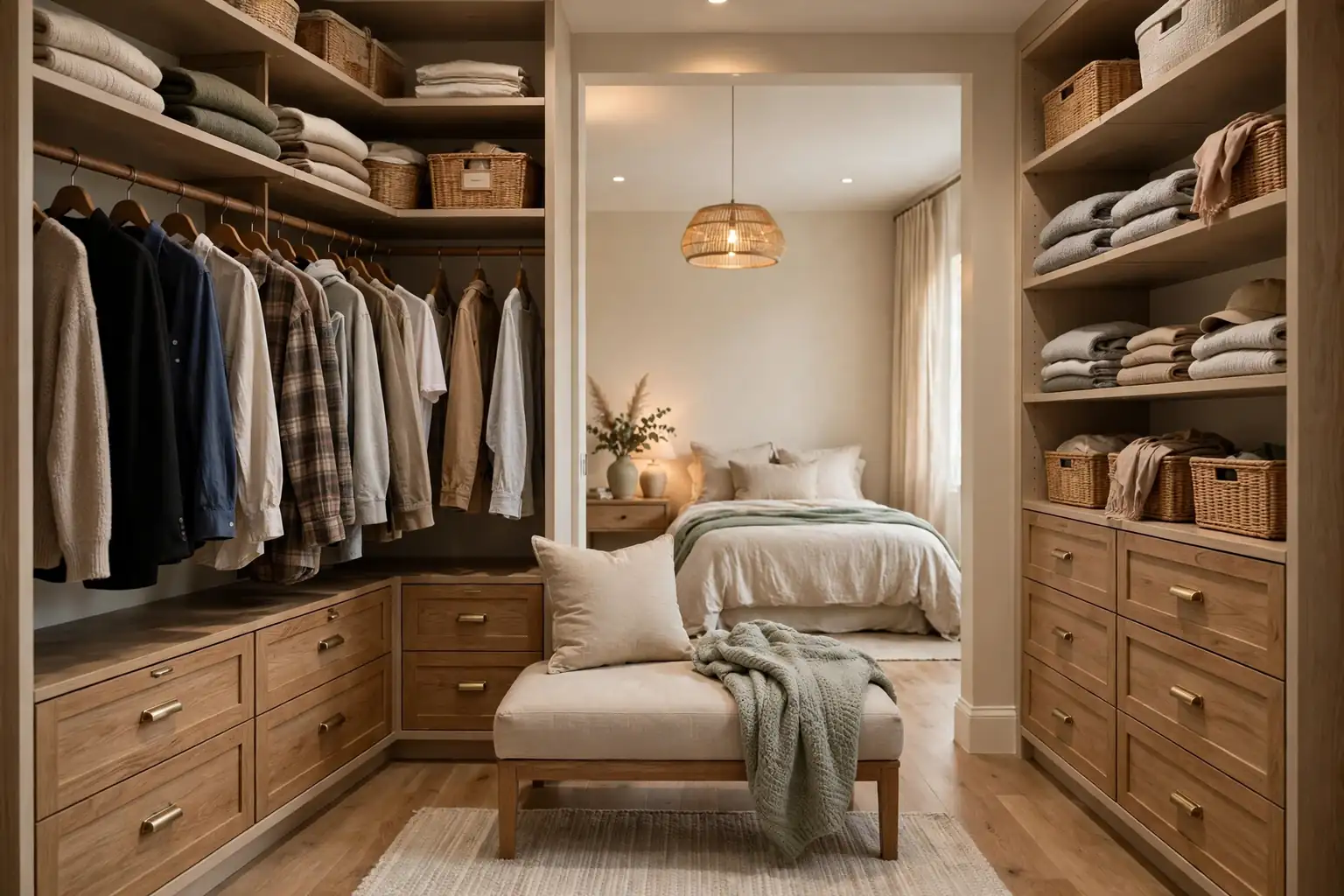 Wide walk-in closet with hanging clothes, shelves, drawers, a center bench, and soft lighting.