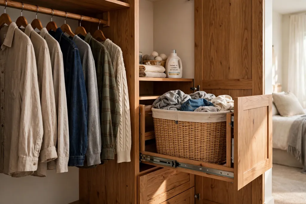 Bedroom closet with a built-in pull-out laundry hamper bin beside hanging clothes.