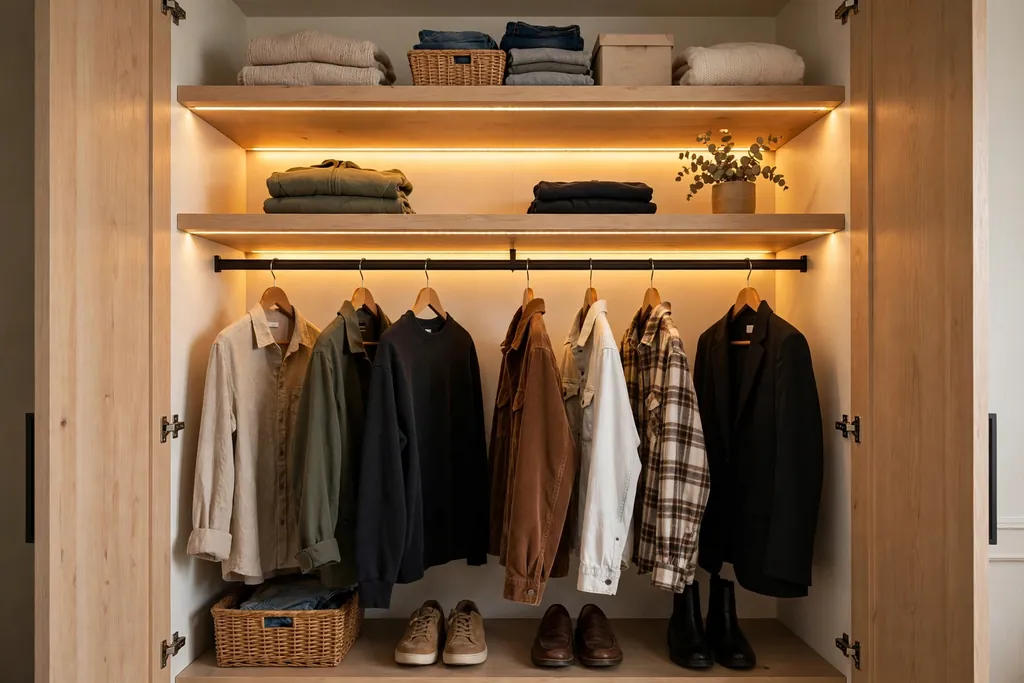 Closet with warm LED strip lighting under shelves showing hanging clothes clearly.