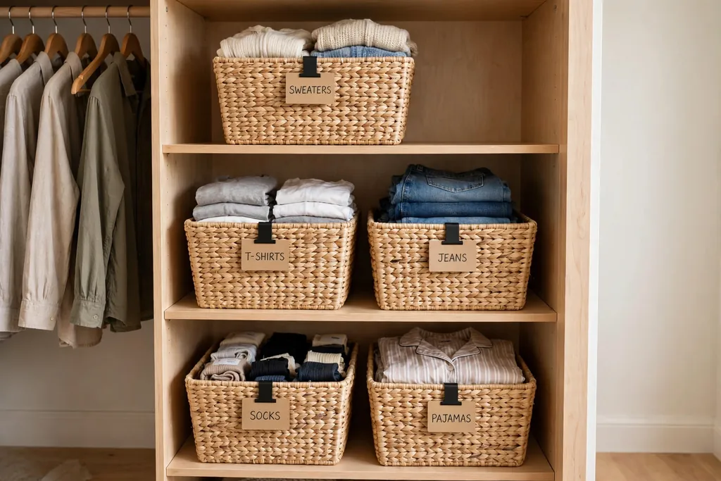 Open closet shelves holding matching woven bins with labels for folded clothes.