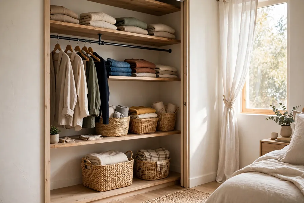 Open closet with a hanging rail, shelves with folded clothes, and baskets in a bright bedroom corner.