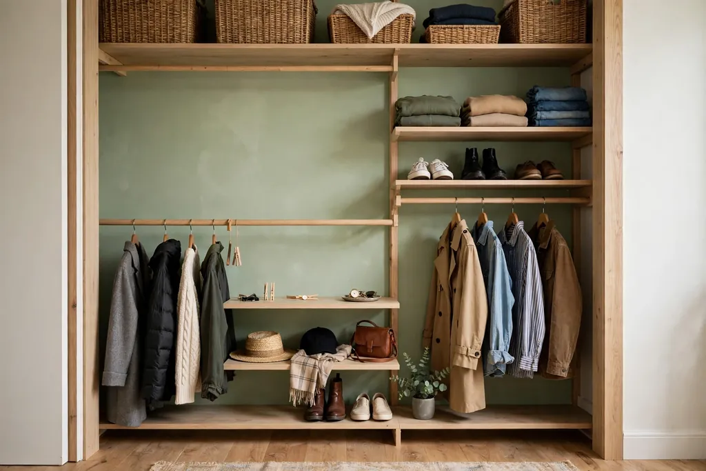 Reach-in closet with a soft green painted back wall, rails, and shelves with clothes.