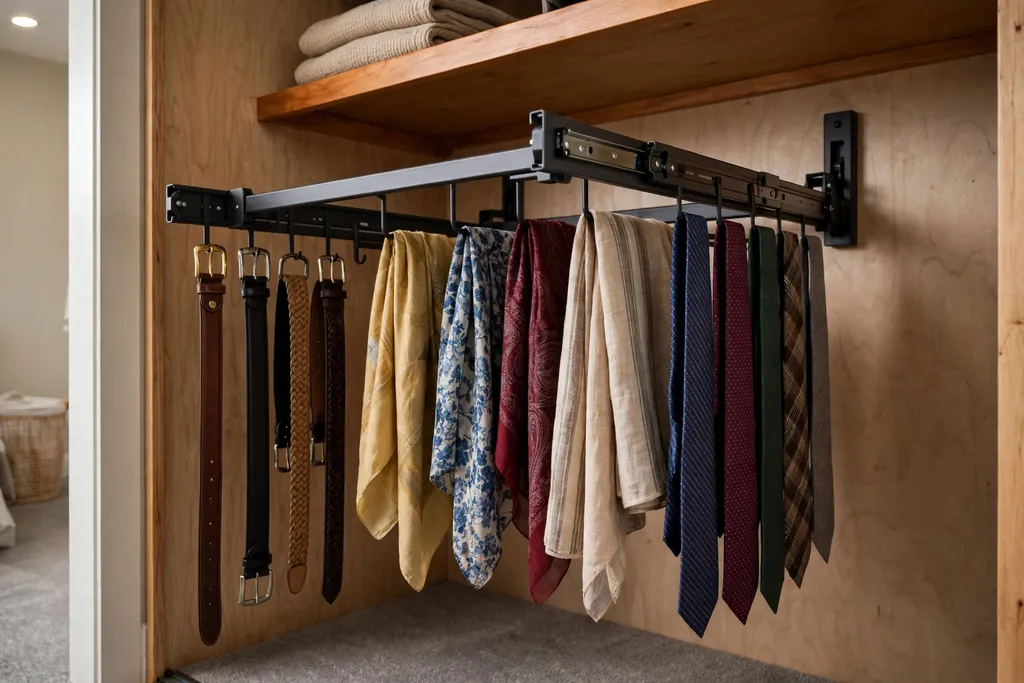 Closet side wall with a pull-out rack holding belts, scarves, and ties.
