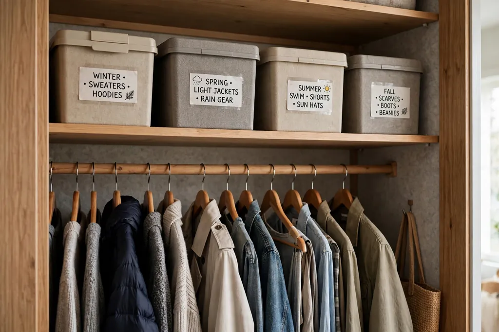 Top closet shelf with labeled lidded boxes for seasonal clothes above hanging rails.