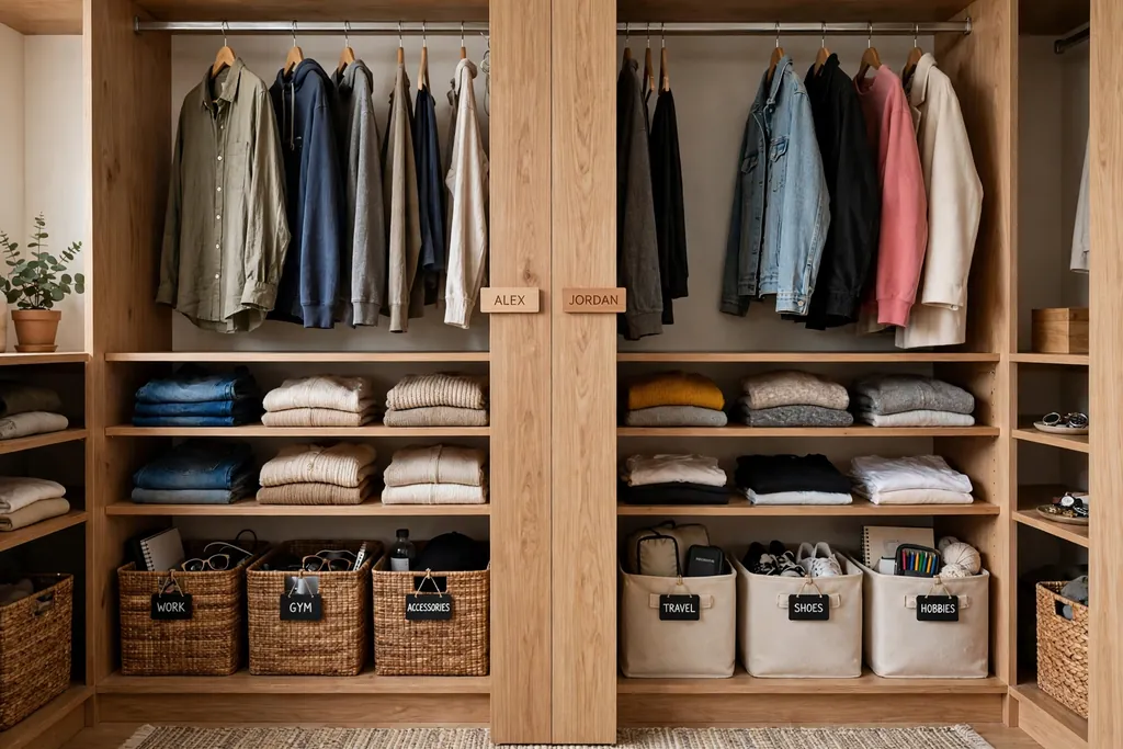 Shared closet split into two zones with separate rails, shelves, and bins for two people.